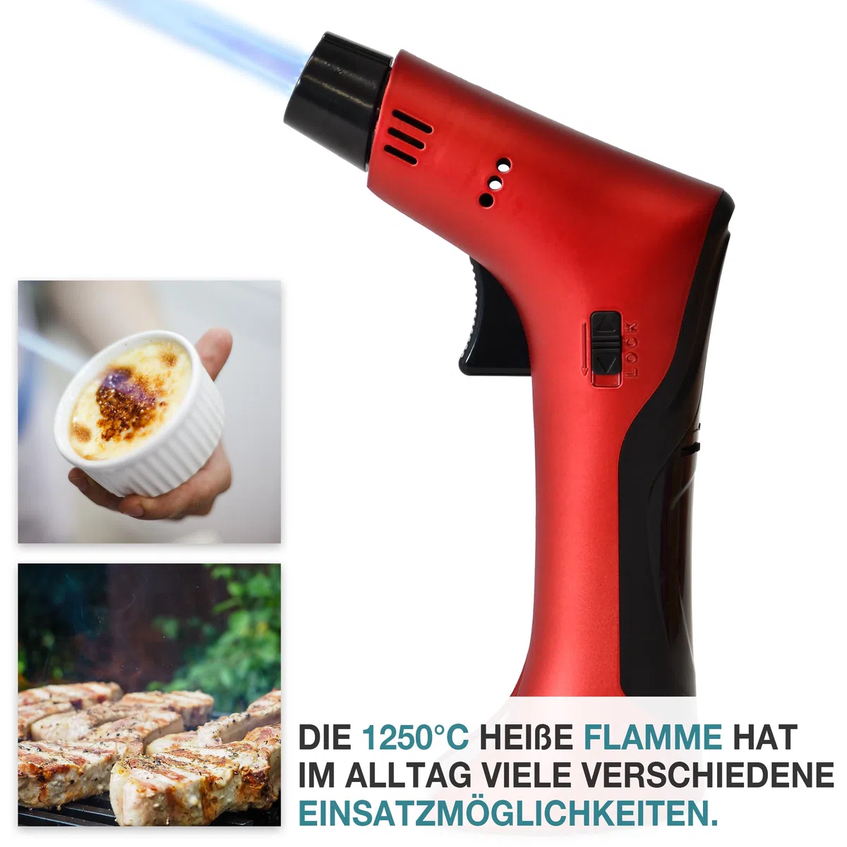TOM Flambierbrenner Set MIT Gas befüllt + 1 x Butangas Kartusche – Profi Gasbrenner mit Sicherheitsschloss für Küche, Haushalt, Camping & Werkstatt – nachfüllbar – in zwei Farben – Jetflame (Rot)