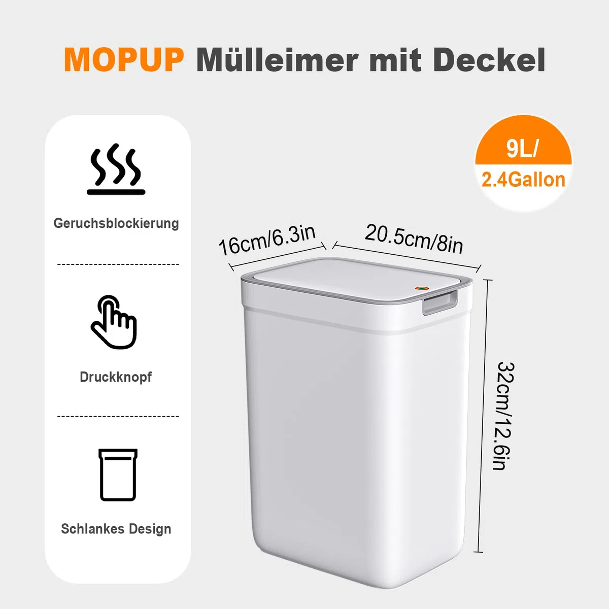 MOPUP Kleiner Badezimmer-Mülleimer mit Deckel, 9 l/2,4 Gallonen, schmaler Mülleimer, Papierkorb aus Kunststoff mit aufklappbarem Deckel, hundesicher für Badezimmer, Küche, Schlafzimmer, Wohnzimmer