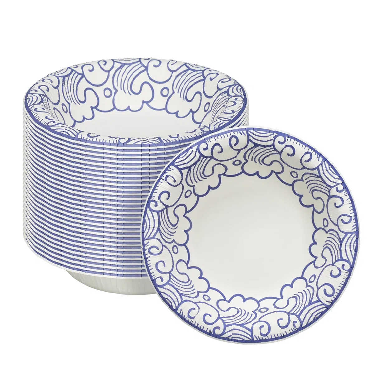 Suppenschalen Einweg 470 ml, 30 Stück, dicke Pappschüsseln mit Blau-weißes Porzellanmuster, mikrowellengeeignet und auslaufsicher, für Zuhause, Party, Picknick & Familienfeier