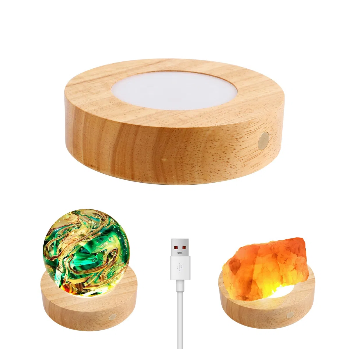 LED-Lichtsockel, 12 cm Holz-Lichtsockel mit Touch-Dimmer und 3 Lichtmodi, Kristall-Display-Sockel, Holzsockel, runder Lichtsockel für Kristallglas, Harz, Kunstharz-Schmuck, Acryl (Holz, 1 Stück)