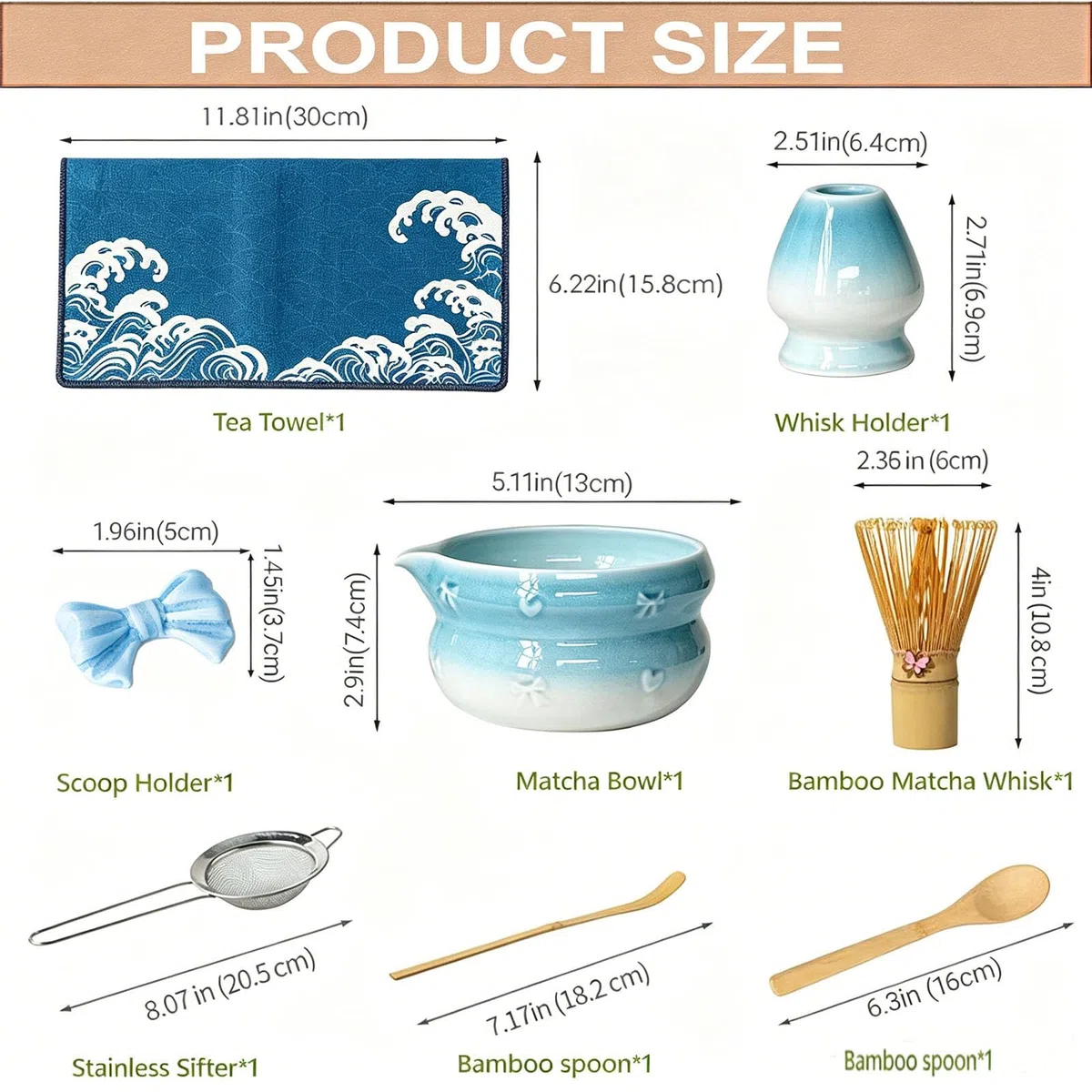 Matcha Set 8-Teiliges - Matcha Besen und Besenhalter, Matcha Schale mit Auslauf, Sieb, Löffel und Halter, Japanisches Matcha Tee Set für Matcha-Liebhaber-Blau