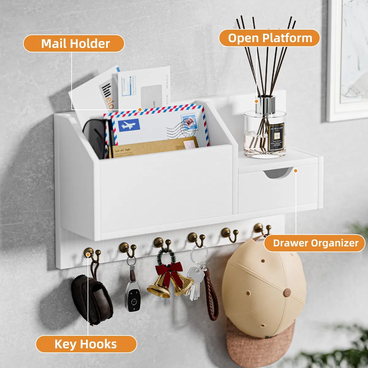Schlüsselablage, Wandhalterung mit 6 Haken und Aufbewahrungsschublade, Schlüsselbrett Holz, Wand Schlüsselhaken, Wandregal für Schlüsselanhänger Organizer, für Eingang Wohnzimmer Flur Büro (weiß)