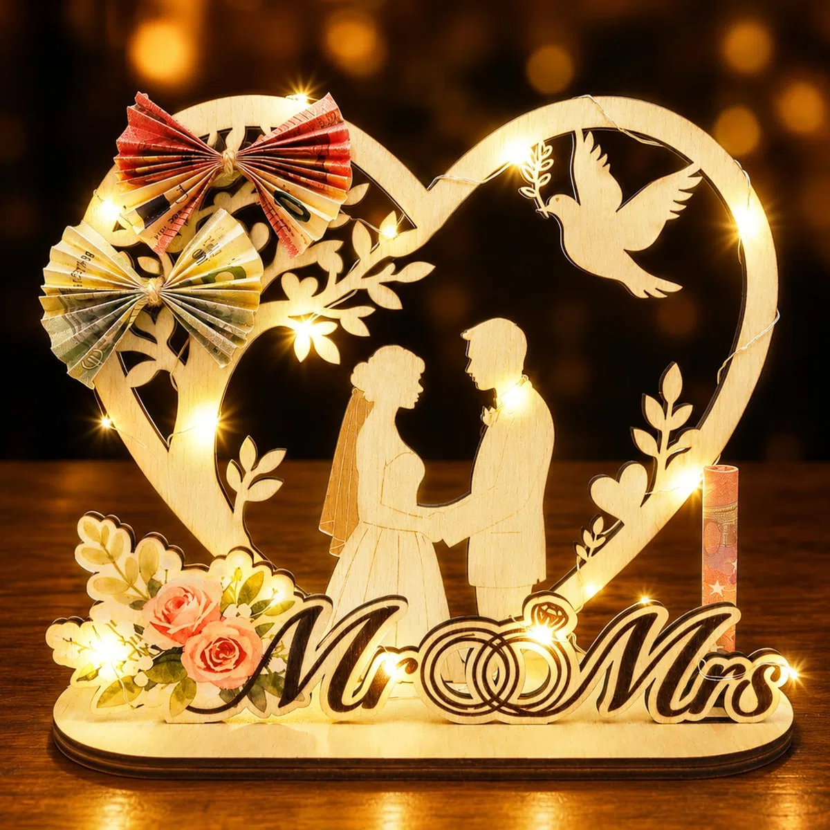 Giftota Geldgeschenk Hochzeit mit LED Lichterkette - Originelle Hochzeitsgeschenke für Brautpaar - Mr und Mrs Geschenk - Geldgeschenke zur Hochzeit Holz Paar Geschenke