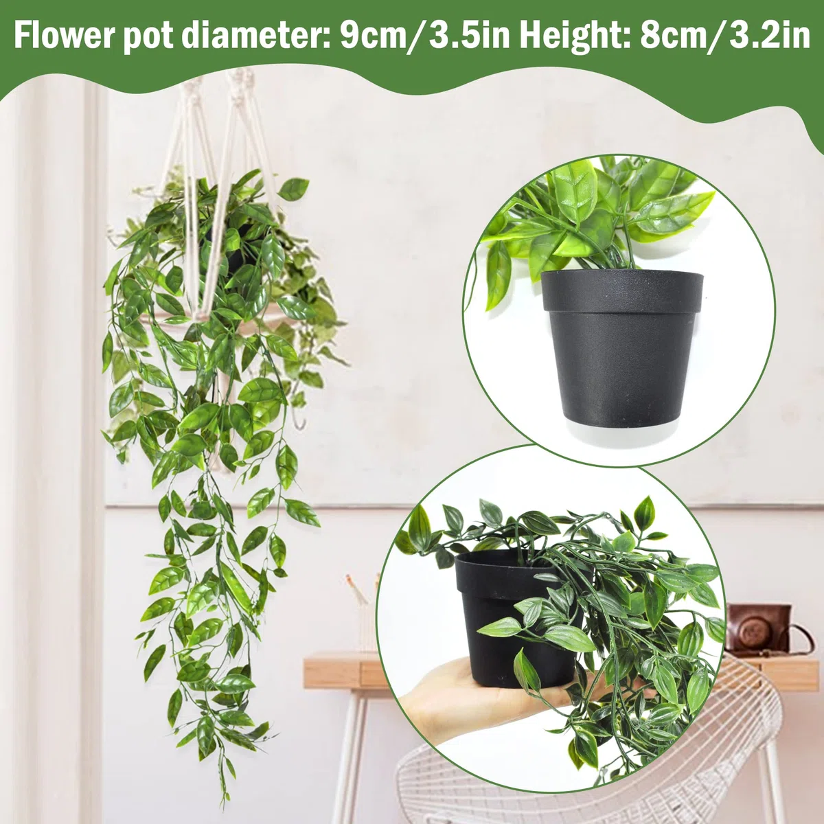 SHEPIN 3 Stück Hängepflanze Künstlich mit Topf,55-85 cm Kunstpflanze Hängend, Künstliche Hängepflanzen wie echt Artificial Plants Plastikpflanzen Deko für Indoor Outdoor Draußen Garten Deko