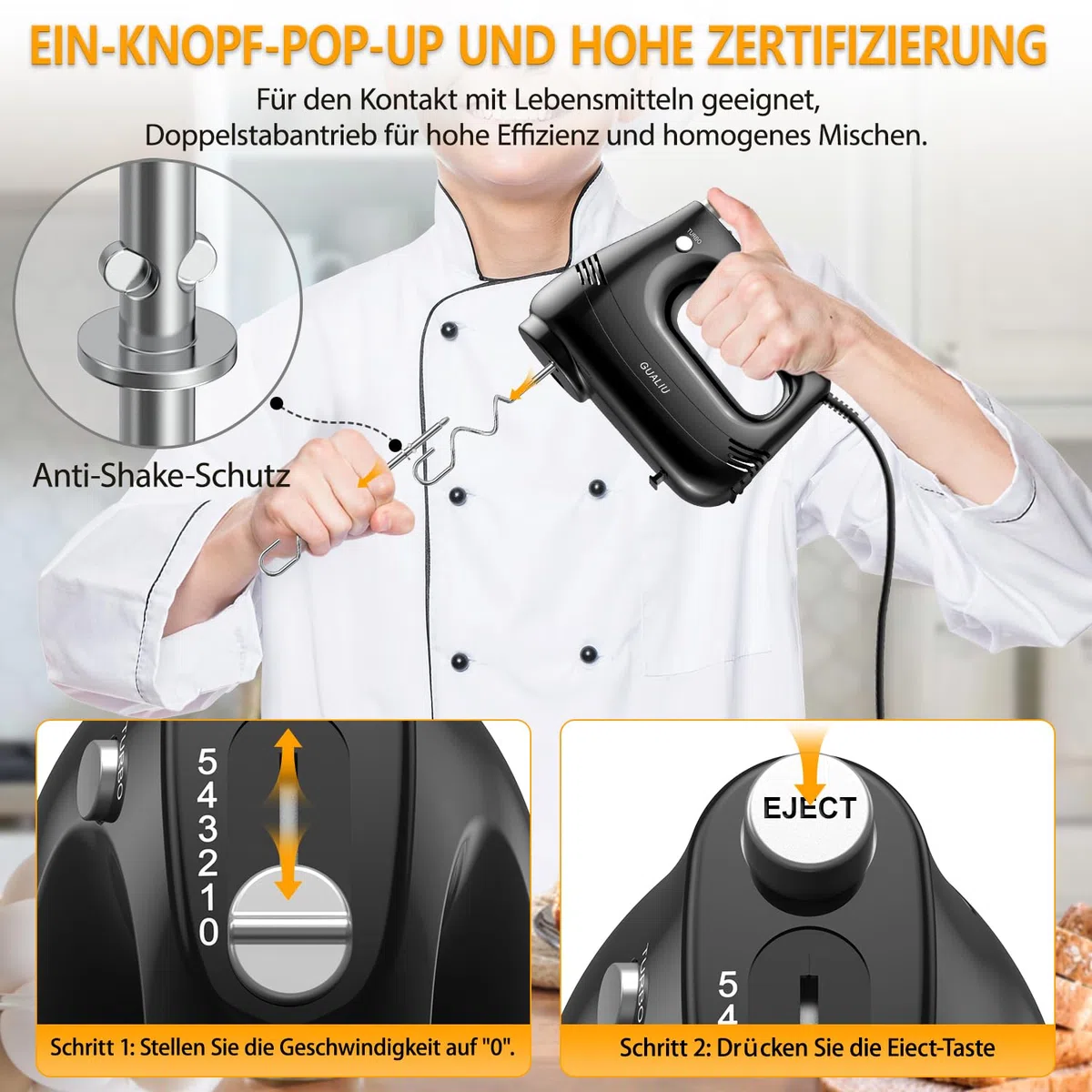 Elektrischer Handmixer 300W mit Edelstahl Schneebesen, Knethaken, Elektrische Handrührer,Turbo Boost /5 Geschwindigkeit, Handrührgerät für Backen Kuchen, Eier Sahne Lebensmittel-Mixer (Schwarz)