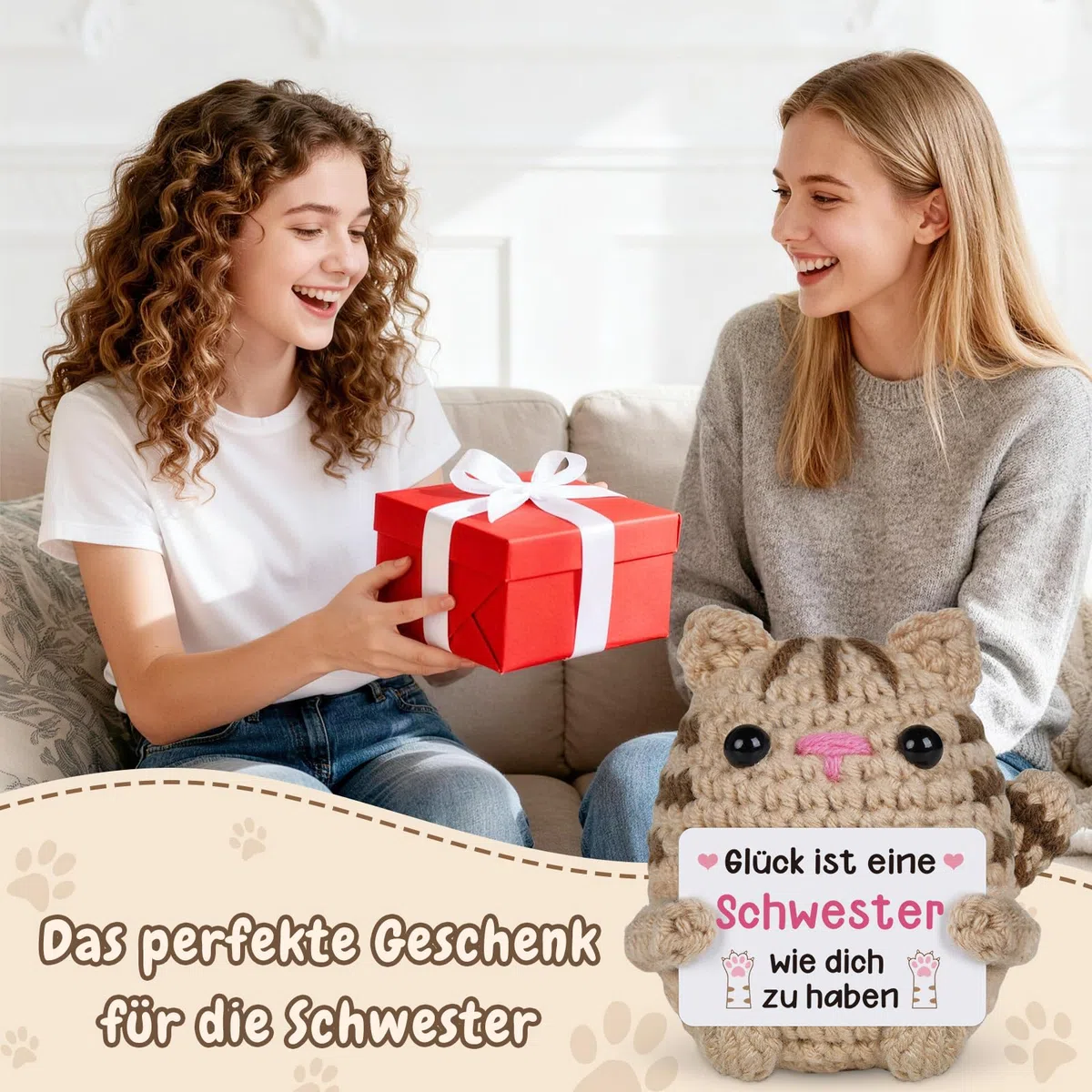 Vetbuosa Schwester Geschenk - Handgehäkelte Katzenpuppe mit Karte, Geschenkideen für Schwester zum Geburtstag Weihnachten Muttertag