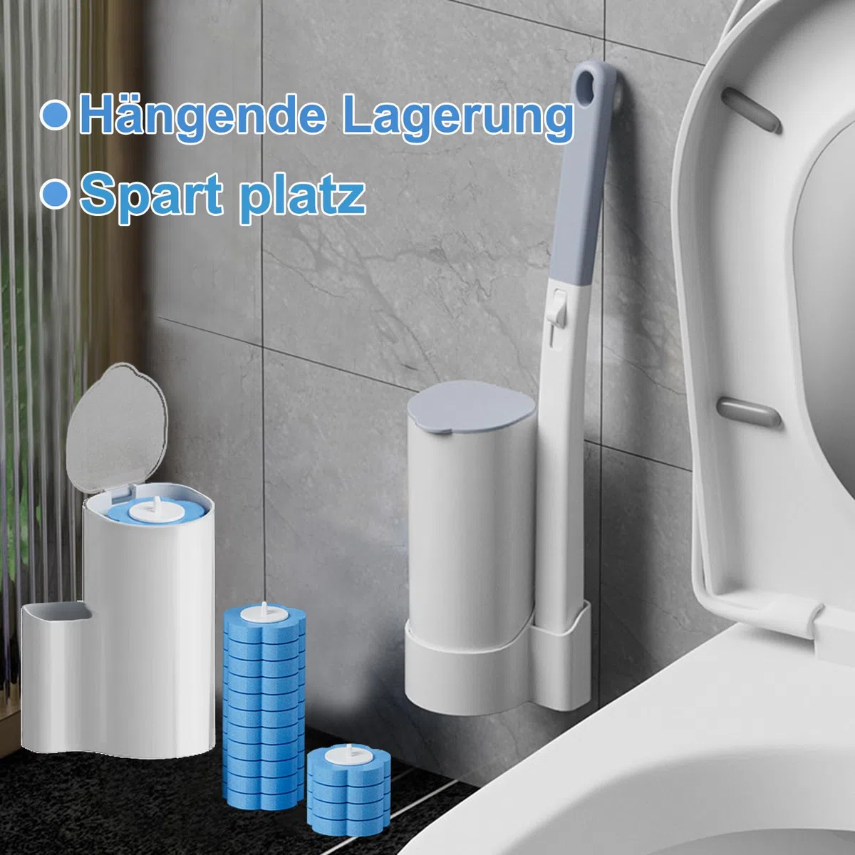Einweg Toilettenbürste，2er Set verlängertem Griff und Halter-Set WC-Bürsten，Klobürste mit 48 Stück Reiniger Nachfüllungen für Badezimmerreinigung，Waschbecken，Badewanne - Blau(Ocean Fresh Duft)