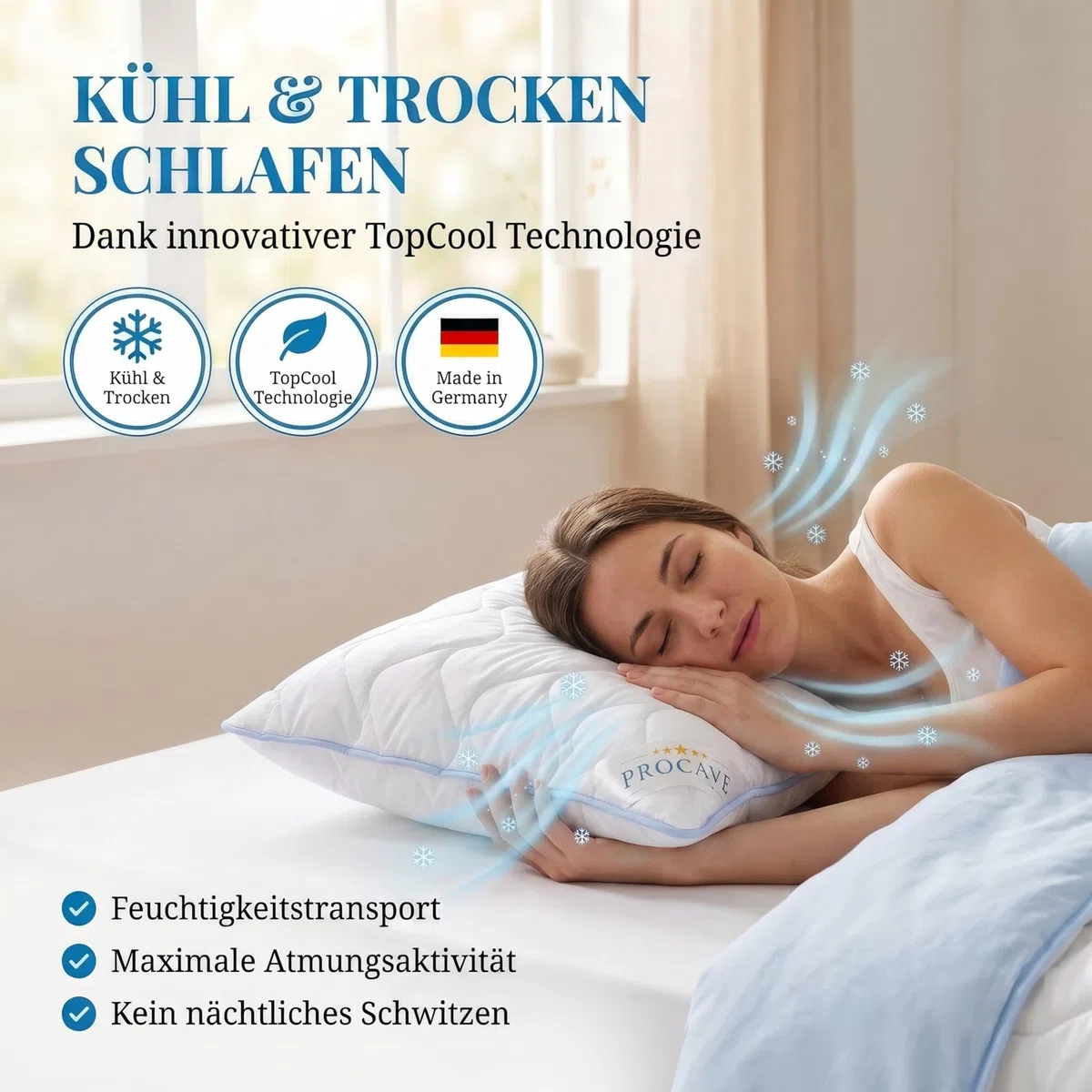 PROCAVE TopCool Kopfkissen Kochfest 40x40 cm, Qualitäts-Stepp-Kissen, atmungsaktives Allergiker Kissen, Winter- und Sommer-Kissen 100% aus Deutschland