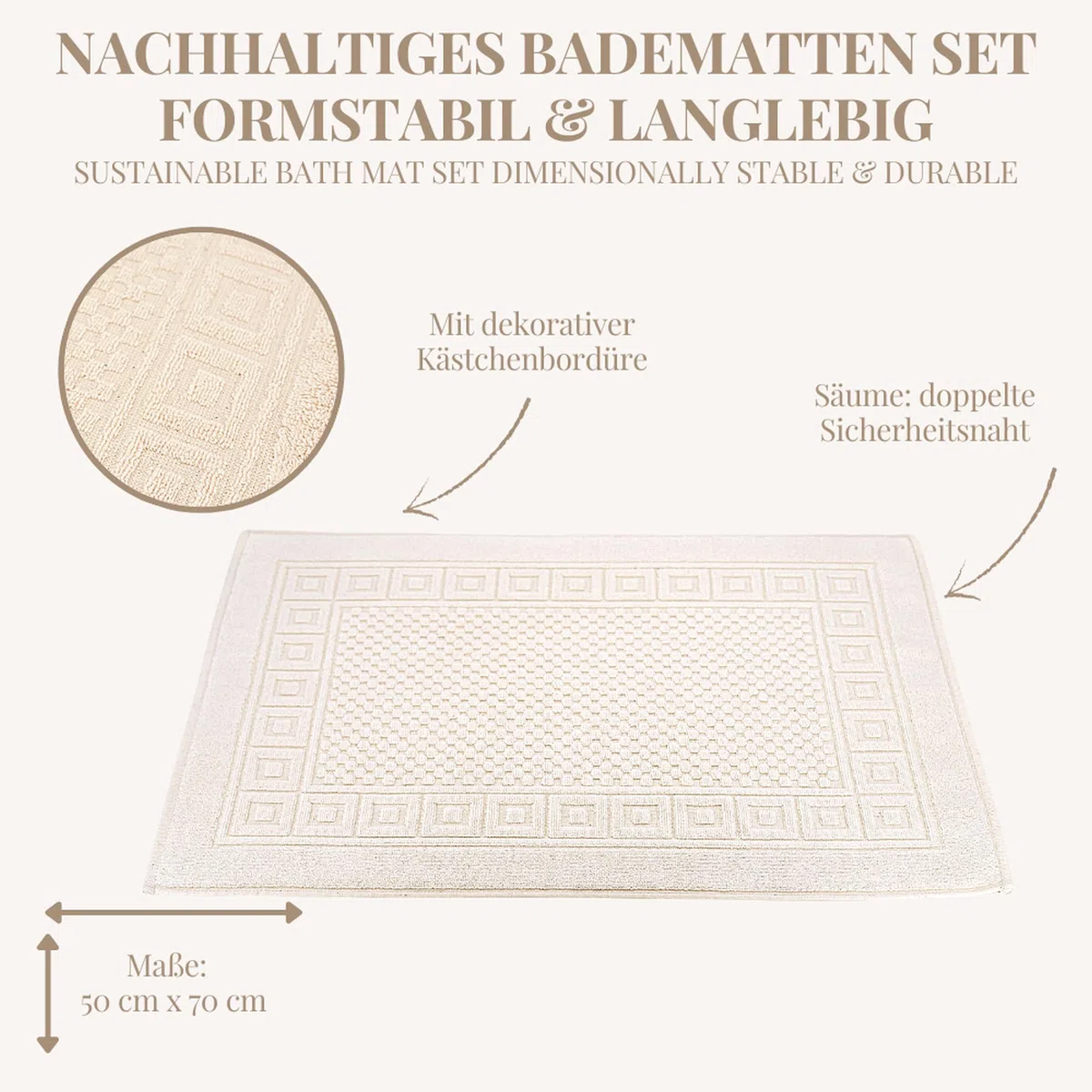 Carenesse Badvorleger 2er Set 50 x 70 cm Natur I 100% ungebleichte & ungefärbte natürliche Baumwolle Öko-Tex 100 I Saugstarke Badematte I Badematten Set mit Waffelmuster I Duschvorleger