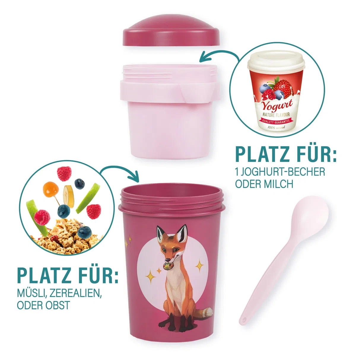 AWAVE Die Schule der Magischen Tiere Müslibecher To Go 540 ml rPET Becher mit Löffel für Joghurt Müsli Früchte, Auslaufsicher, Lunchpot für Schule Kindergarten Büro Picknick Reise, Pink Rabbat