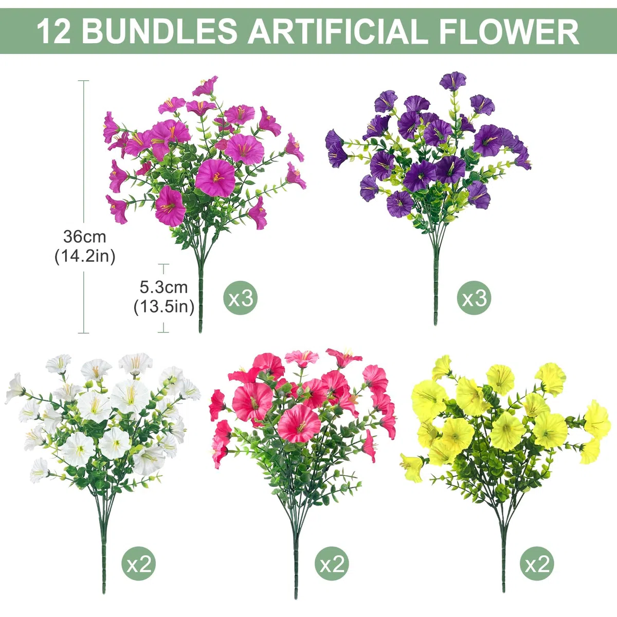 ROLLWAY Kunstblumen wie Echt, 12 Bündel Künstliche Blumen Balkon Kunstblumen & -Pflanzen Outdoor Wetterfest UV-beständig Petunien Balkonpflanzen Künstlich Plastikblumen Seidenblumen für Draußen Garten