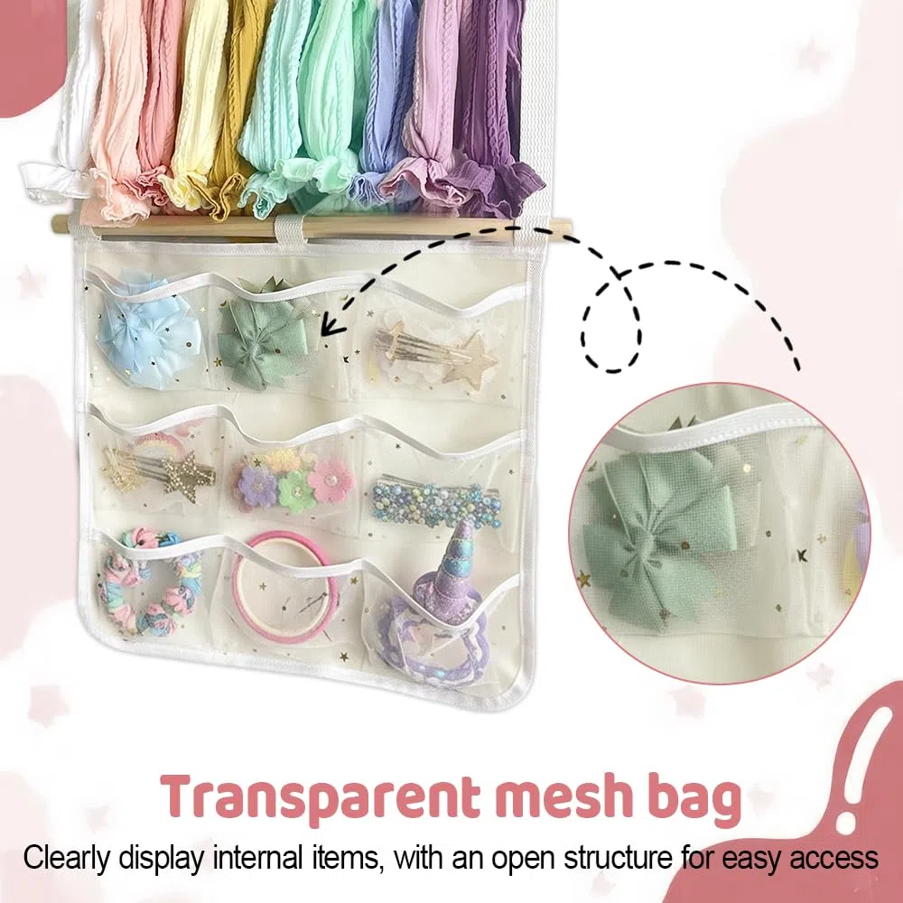 MiOYOOW Hängender Stirnbandhalter, Haaraccessoire Organizer, Boho Stirnband Aufbewahrungsregal mit 10 Haken und 9 Netztaschen für Haarspangen, Haarbänder und Haargummis