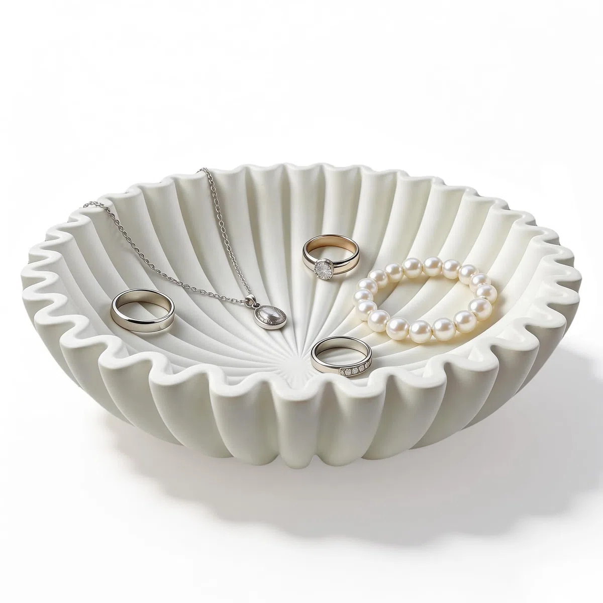 Deko Schale, Schlüsselschale Beige Jakobsmuschelschale Rund Dekoschale Vintage-Ringschale Gewelltes Handgefertigtes Kunstwerk für Wohnzimmer Flur Tischdeko