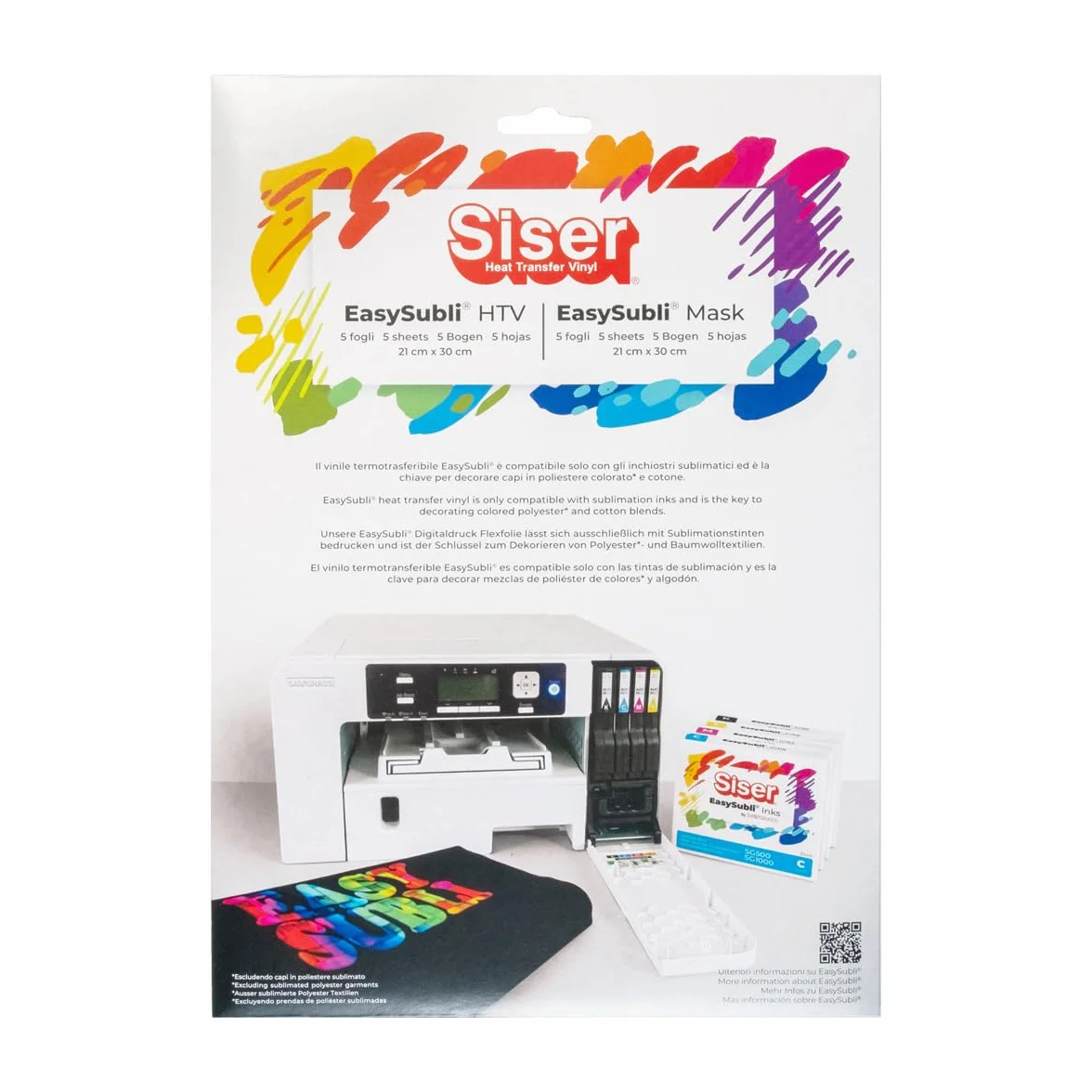 Siser Easy Subli Packung 5+5,thermo-transferierbare, mit Sublimationstinten bedruckbare Folie für helle und dunkle Textilien, 5 Blatt Easy Subli im A4-Format und 5 Blatt Application Tape im A4-Format