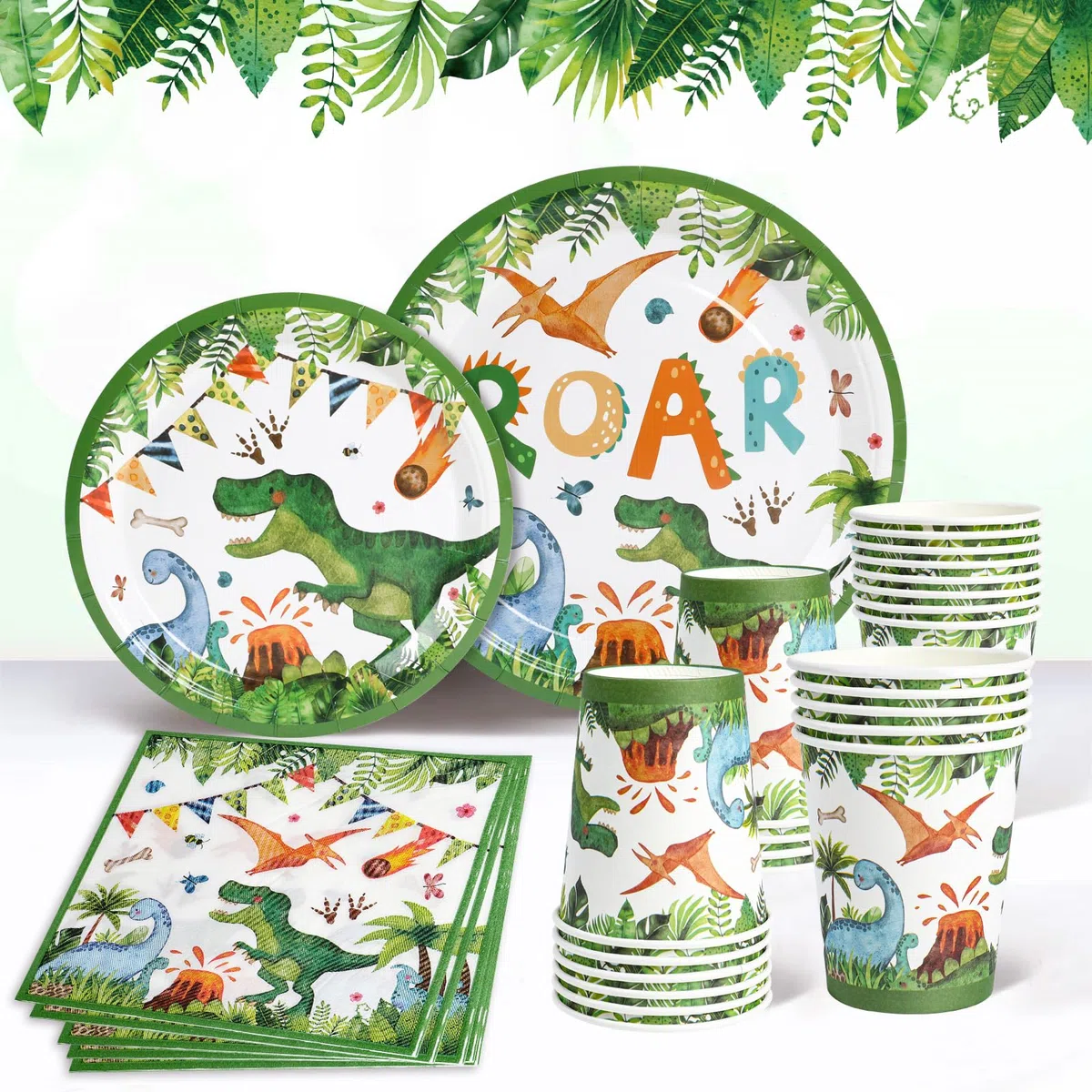 Dino Partygeschirr Set - 96 Stück dino geburtstag deko, Dinosaurier Partyteller Geburtstaggeschirr, Dinosaurier Einweggeschirr mit Pappteller Servietten Becher für kindergeburtstag deko Junge 24 Gäste