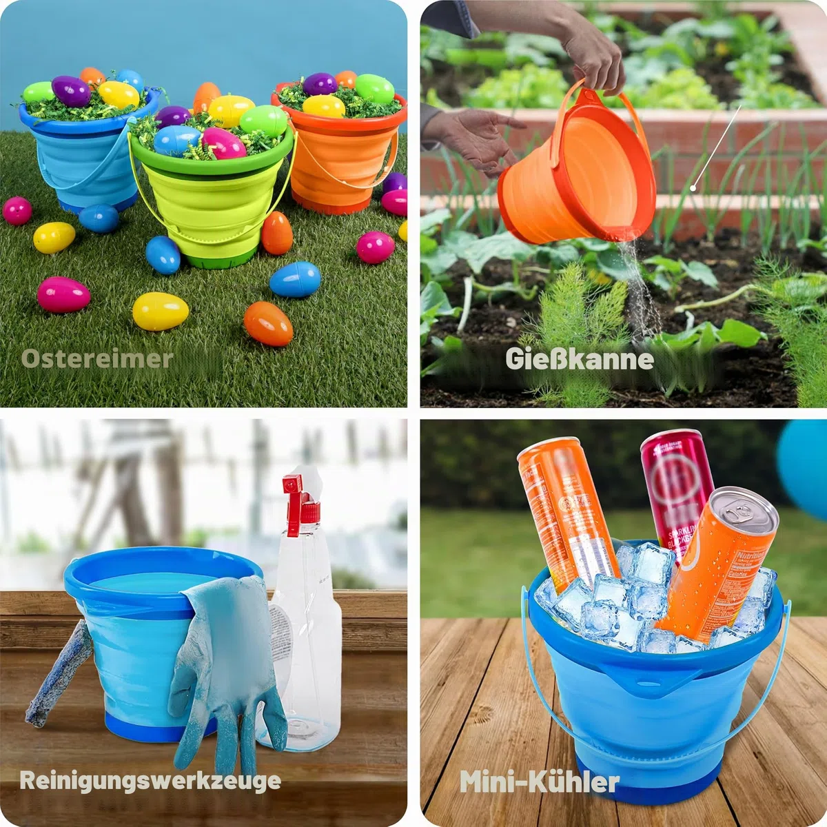 JOYIN 3 Pack Runde, Faltbare Eimer mit Schaufeln und Netzbeutel, Faltbare Eimer für Verschiedene Zwecke am Strand (Orange/Blau/Grün)