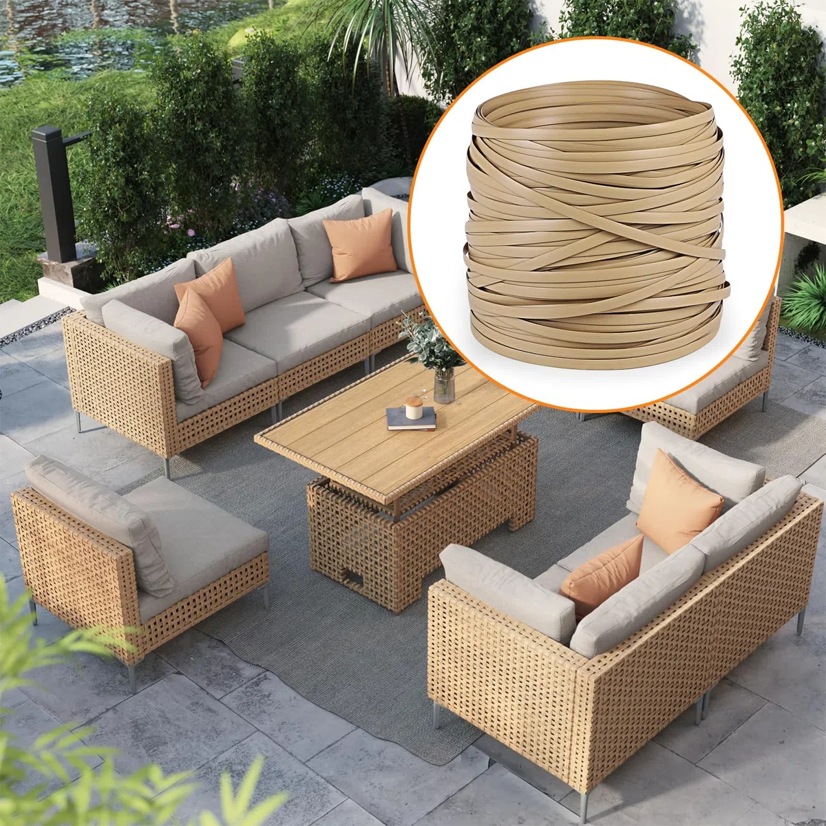 DBREAKS 65m Kunststoff Gewebtes Rattan, Flach, PE-Rattan, Webwerkzeug, Synthetische Rattan Reparaturmaterial, für Outdoor Rattan Möbel Reparatur,Rattan-Stuhl, Tischkorb(Beige)