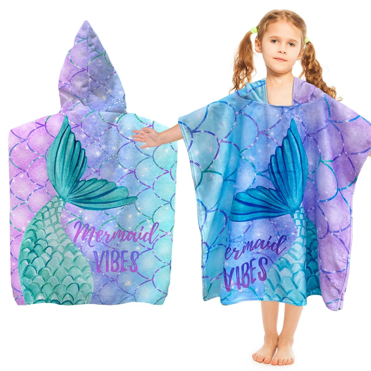 Badeponcho Kinder mit Kapuze, Mikrofaser Poncho Strandtuch, Handtuch Poncho für Mädchen und Jungen 2-8 Jahre (Meerjungfrau)