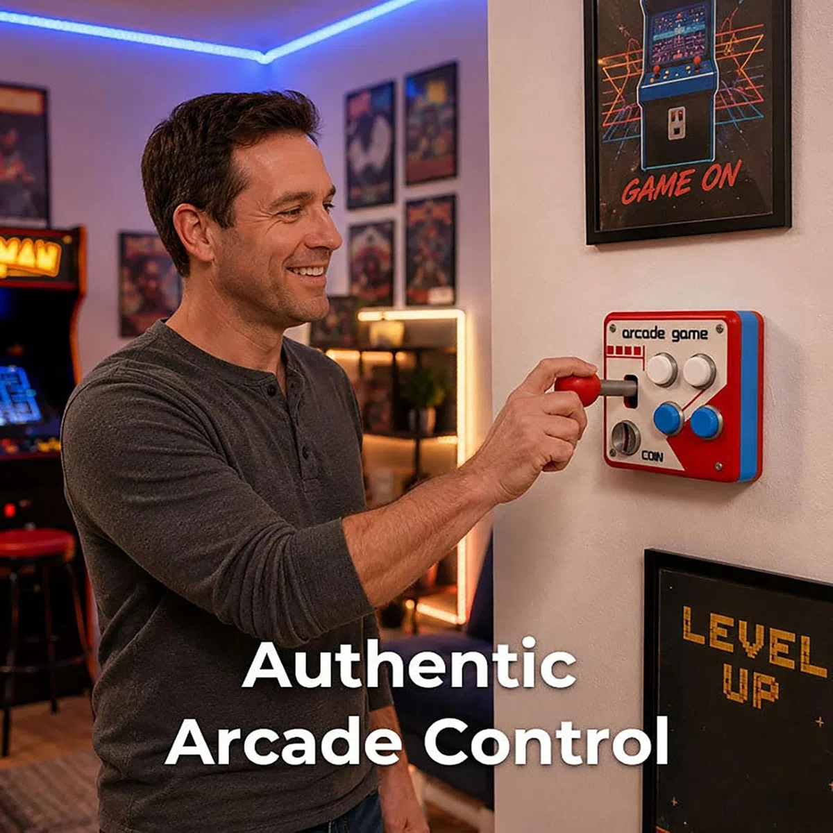 Retro-Arcade-Schalttafel, Vintage-Arcade-Wanddekoration mit klickendem Joystick und bunten Knöpfen, interaktive Klassische Spielzimmer-Wandkunst, Gamer-Geschenk für Männer (2Pcs)