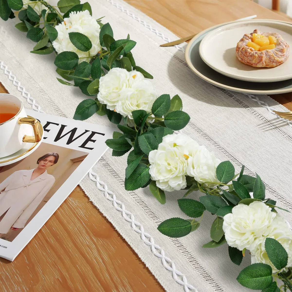 SHACOS Künstliche Blumen, 3 Stück, 6 m / 19,6 Füße, Weiß, künstliche Pfingstrose, Seidengirlande, zum Aufhängen, für Dekoration von Hochzeit, Party, Garten
