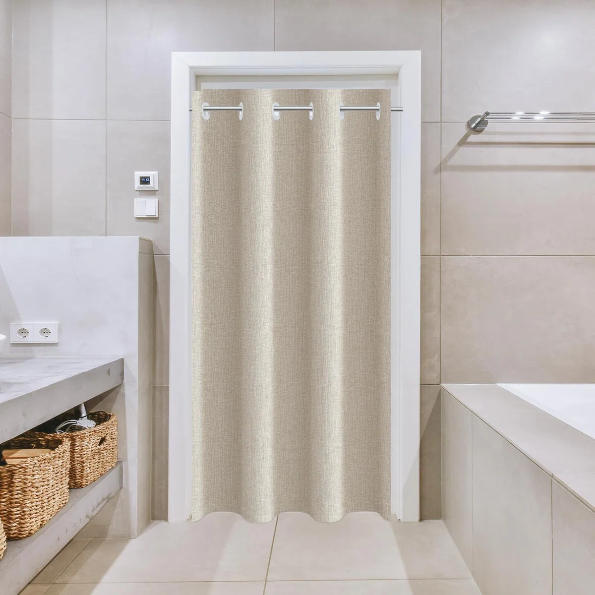 YISURE Hakenlos Duschvorhang Leinenoptik schwer Beige, 120 x 200 Schmal Badevorhang Kunstleinen Textil Stoff wasserabweisend Maschinenwaschbar, Breite 120 x Höhe 200cm