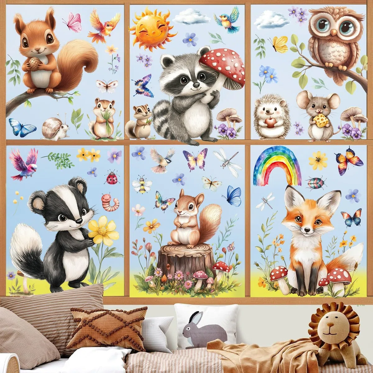 Fensterbilder Kinderzimmer Fensteraufkleber Frühling Kinder Fensterbild Waldtiere Regenbogen Blume Schmetterling Fenstersticker Fenster Abziehbilder Fensterdeko (Tiere)