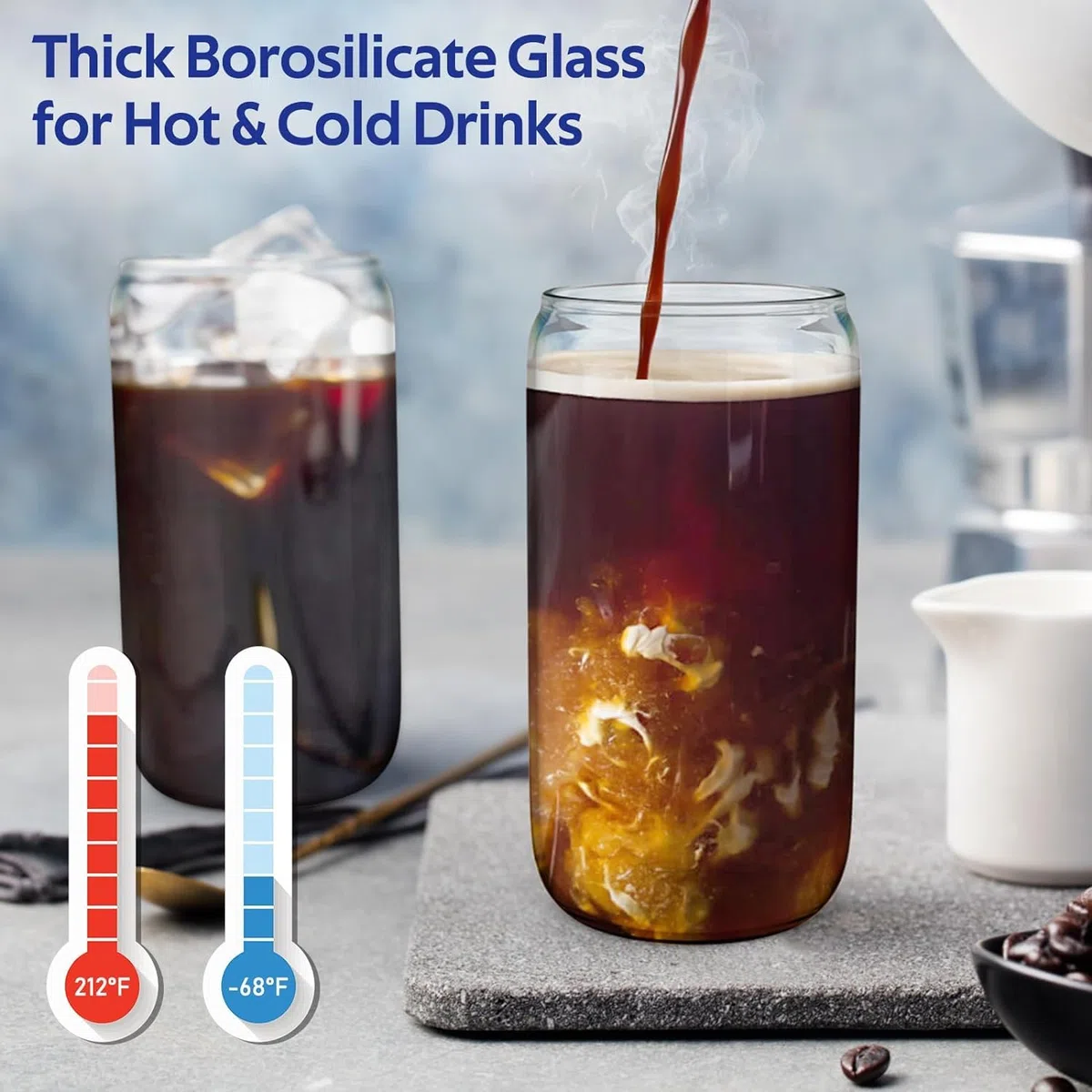 4er Set Glas mit Deckel und Strohhalm, 500ml Trinkgläser mit Deckel, Cocktailgläser Glasbecher,Iced Coffee Glas,Trinkbecher,Ideal für Cappuccino,Eiskaffee,Smoothie,Latte,Limonaden,Geschenk