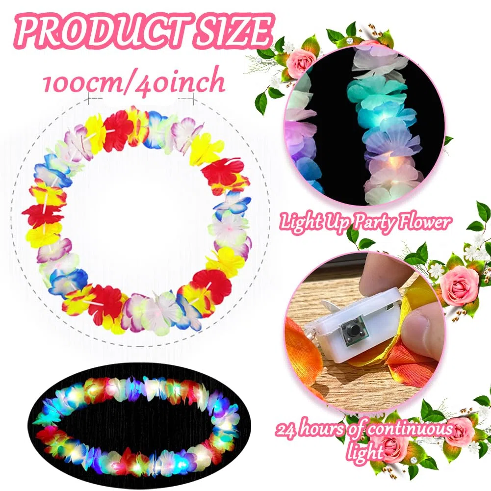 Joycabin 10 Stücke LED Hawaii Ketten Blumen,Leuchtende Hawaii Blumenketten Hawaiianische Deko Girlanden,Bunte Blumenketten Hawaii für Kinder Erwachsene Tropisch Geburtstag Party Strandurlaube,Bunte