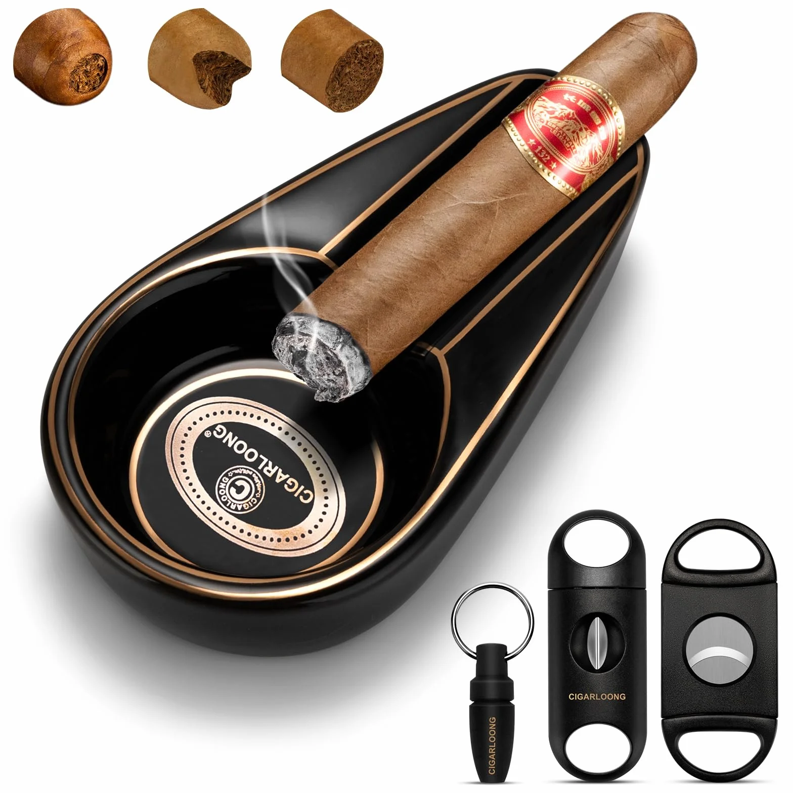 CIGARLOONG Zigarren-Aschenbecher- und -Beschneider-Set. Keramischer Aschenbecher mit V-Beschneider, Guillotine-Beschneider und Zigarrenstich. Ein Zigarrenzubehör-Set,Geschenk für Männer (Schwarz)