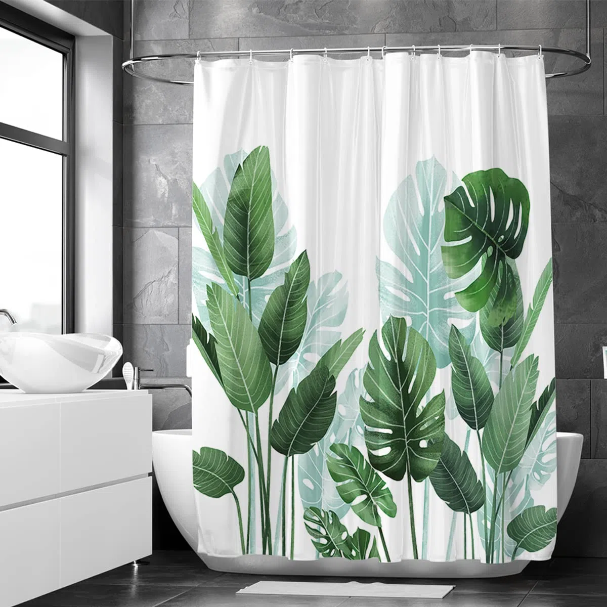 Duschvorhang 180x200 cm - Grün Strelitzia Pflanzen Design - Anti Schimmel & Waschbar – Stoff aus Textil – Wasserdicht – Inkl. 12 Ringe – Badewannenvorhang für Dusche & Bad - Polyester