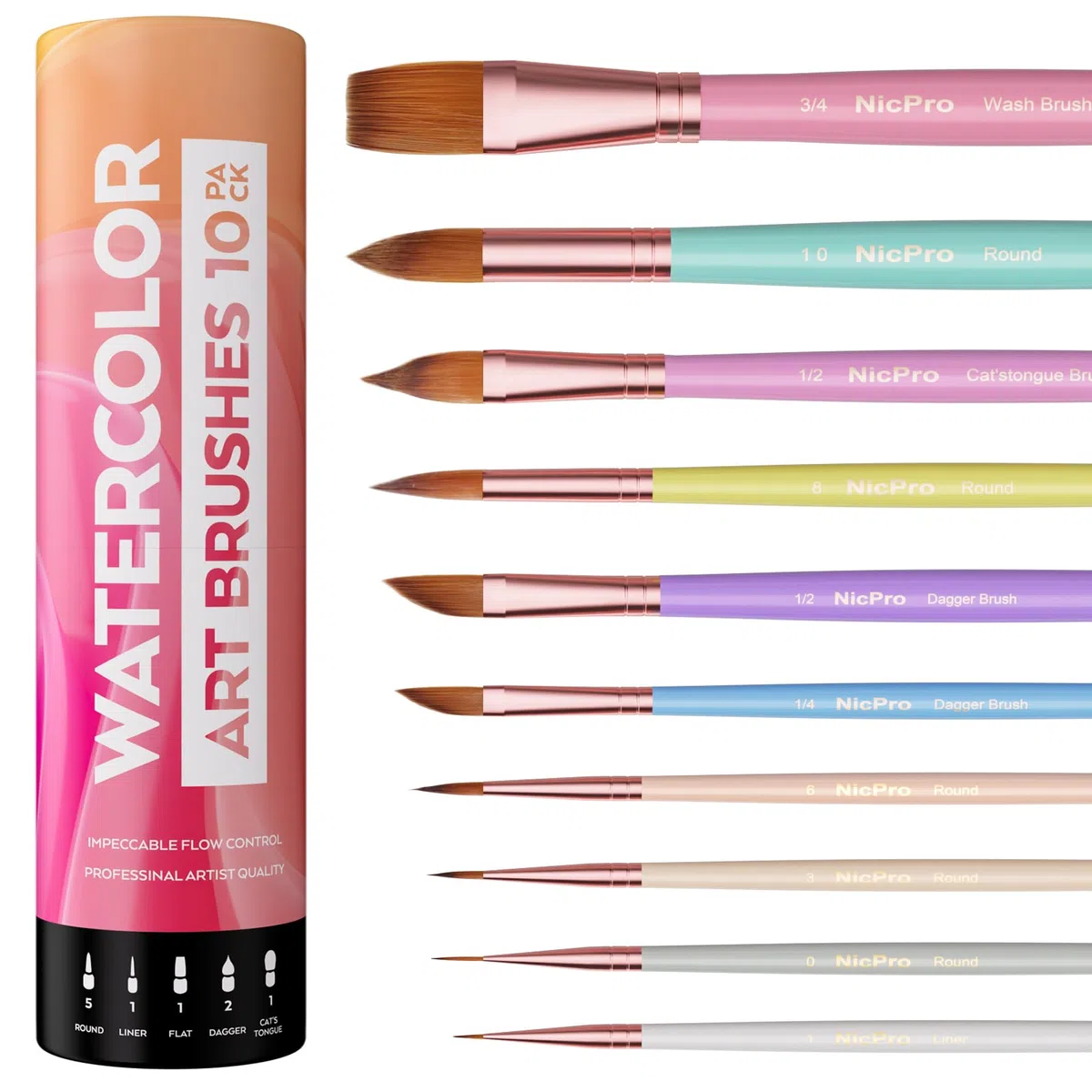 Nicpro 10 Stück Pastell Aquarellpinsel Set, Professionelle Aquarell Pinsel mit Halter und Tasche, Spitz, Rund, Künstlerpinsel, Watercolor Brush für Erwachsene, Anfänger, Aquarell, Tinten, Gouache