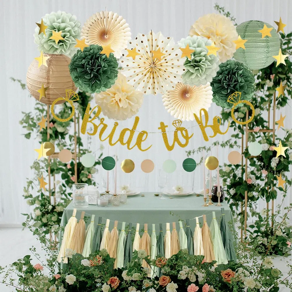 Junggesellinnenabschied Frauen Bride to Be Deko Salbeigrün JGA Deko Bride To Be Banner Papier Girlande Seidenpapier Pom Poms for Brautdusche Dekorationen