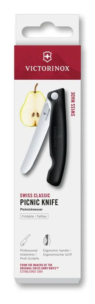 Victorinox Swiss Classic Faltbares Picknick-Messer für Wanderungen, Obst, Gemüse, Brötchen, Wurst, mit gerader Klinge, Extra Scharf, Schwarz