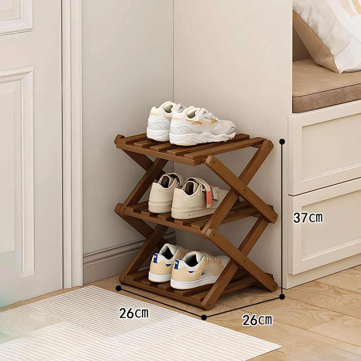 kiss me Vertikales Schmales Schuhregal,Tragbare Holz Schuhregale,Ohne Installation,Bambus Faltbare Schuhe Veranstalter für Korridore, Schlafzimmer, Wohnzimmer, Ecke (Braun, 3 Ebenen)