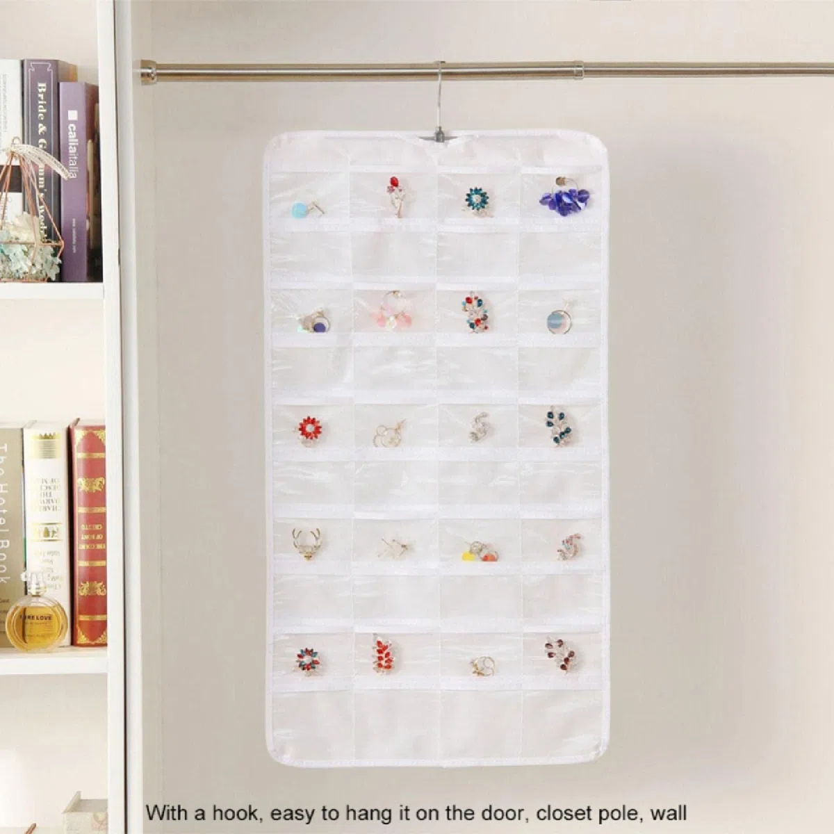 SEIWEI Hängender Schmuck-Organizer, Ausstellungsständer, 80 transparente Taschen, doppelseitig, für Kleiderschrank, Aufbewahrung, Tasche mit Haken, für Reisen, Schmuck, Ohrringe, Halsketten, Make-up