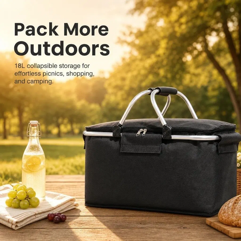 Einkaufskorb Faltbar 18L, Einkaufskorb mit Kühlfunktion, Kühlbox Tragbare mit Gepolsterten Griffen,Thermo als Picknickkorb,Tragekorb,für Einkaufen,Picknick,Reisen(Schwarz)