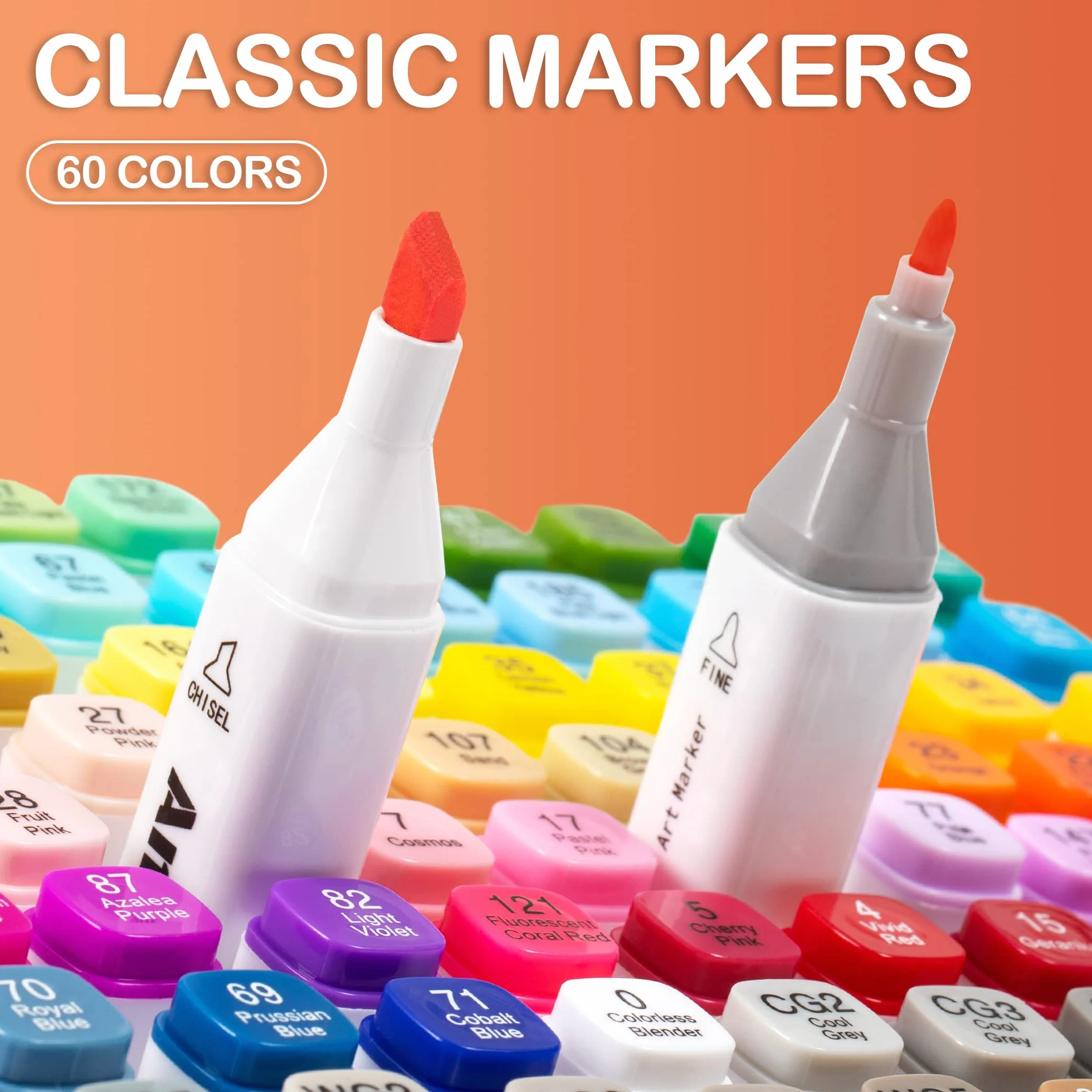 AnyMark Alkohol Marker, 60 Farben Marker Stifte Set, Twin Tip Künstler Stifte Set zum Zeichnen, Ausmalen und Skizzieren, Meißel- & Feinspitzen
