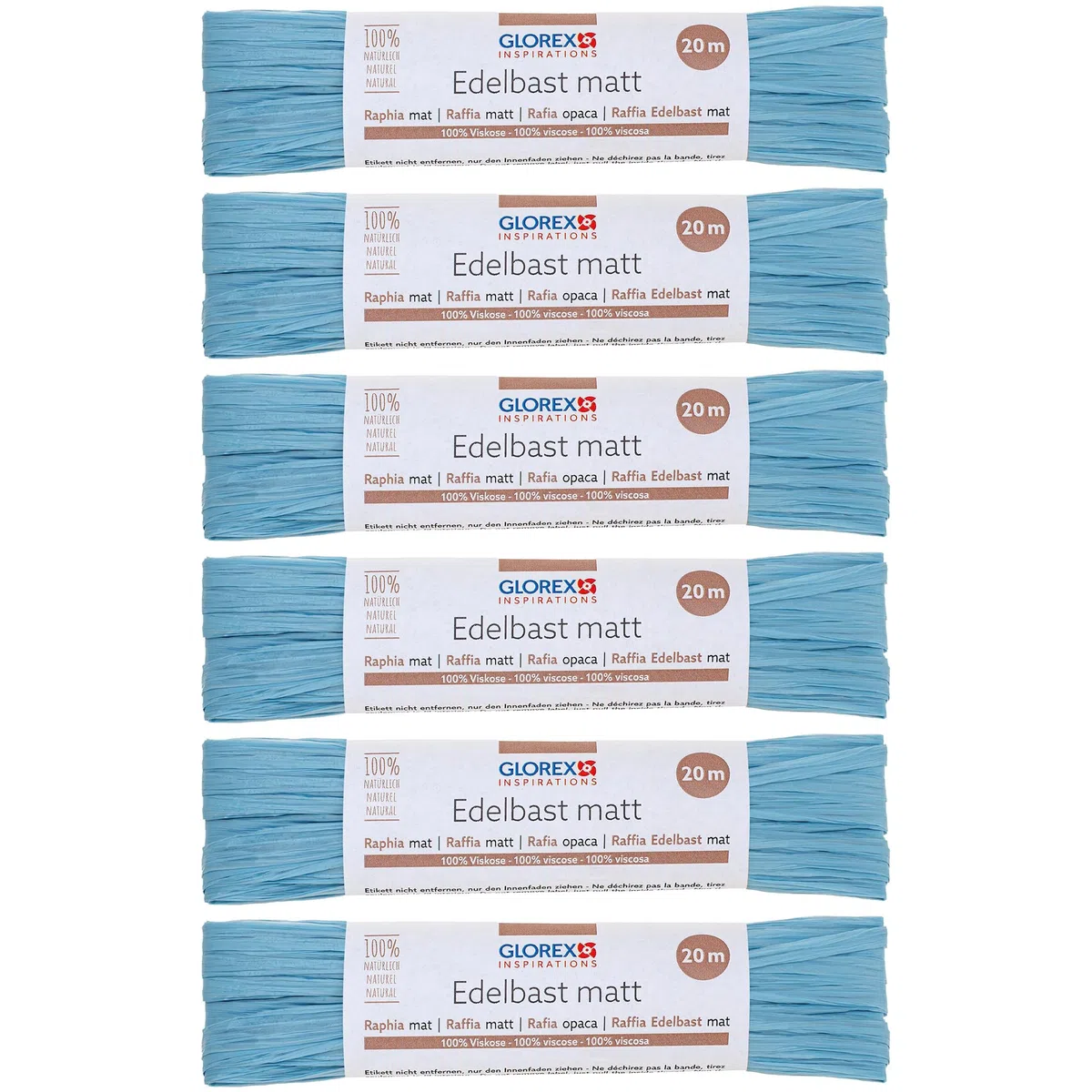 GLOREX 6 9400 507K - Raffia Edelbast, 6 Bündel je 20 m matter Bast, Hellblau - zum Basteln, zur Dekoration oder für Gestecke, Sträuße und andere floristische Arbeiten
