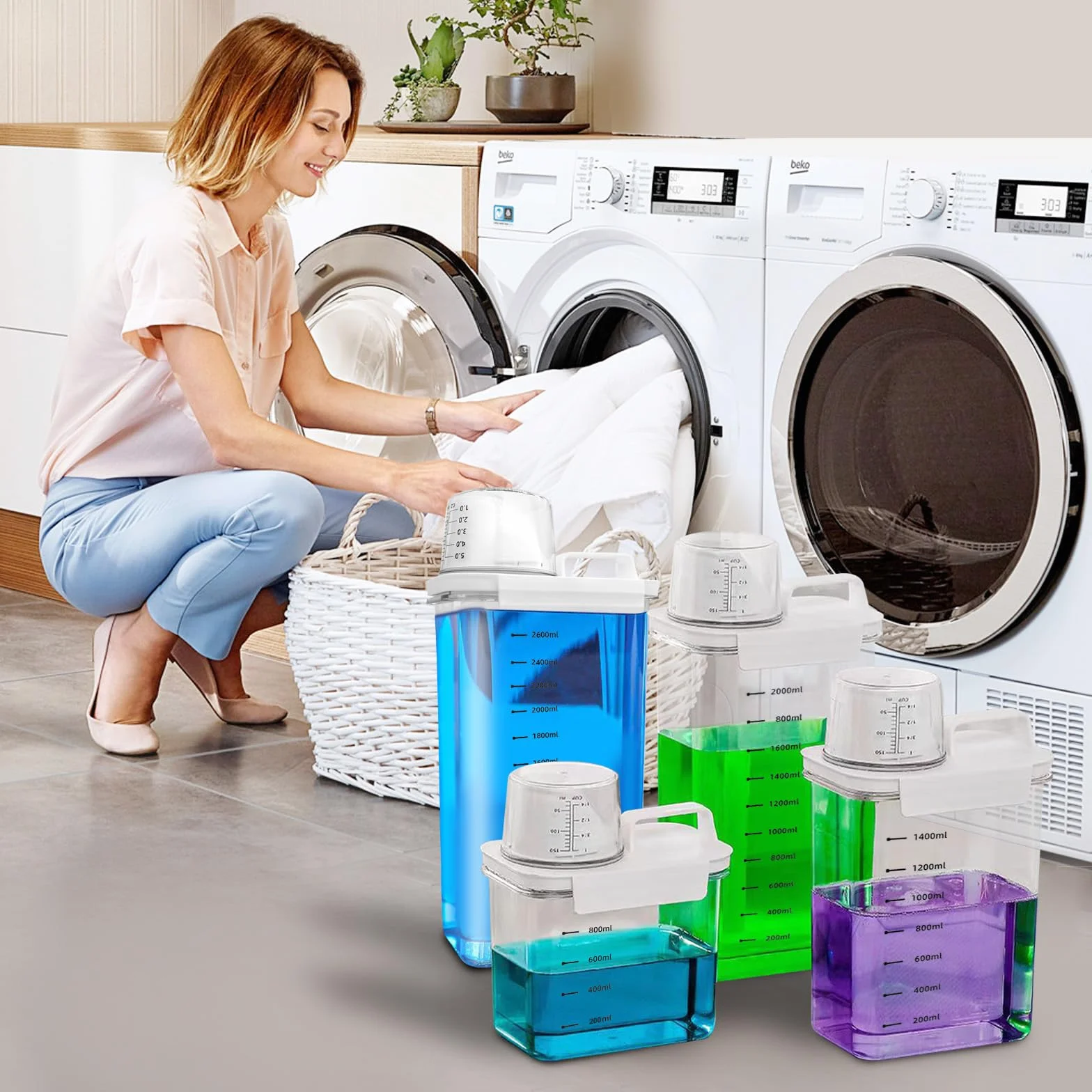 Luftdichter Waschmittelspender Mit Messbecher, Waschpulver Aufbewahrungsbox, PET Kunststoff Klar, BPA-frei, mehrzweck-waschpulver-spender für Waschmittel, Getreide (2900ml)