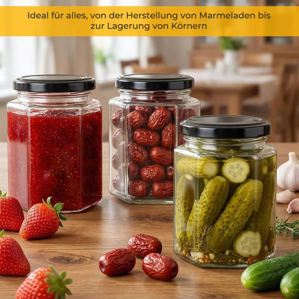 270 ml Sechseckige Gläser mit Schwarzem Deckel, 12 Pack 9 oz luftdicht Einmachgläser, Lebensmittel Lagerung Gläser für Gewürz, Marmelade, Honig, Joghurt, mit 40 Aufkleber,1 Stift