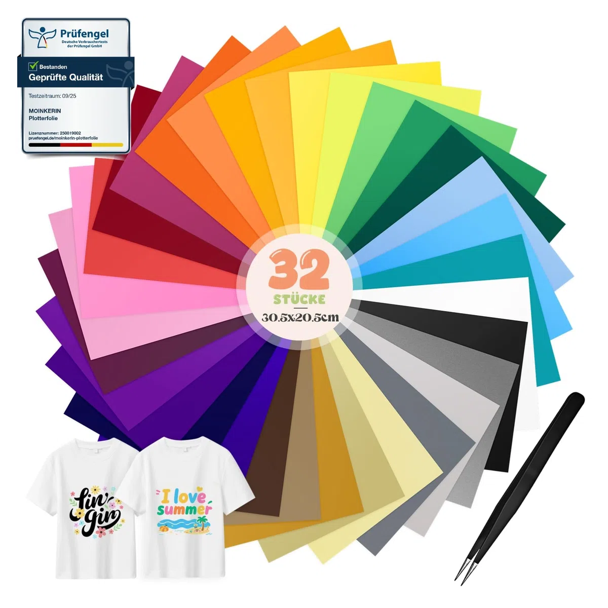 moinkerin 32 Farben Plotterfolie Textil mit Pinzette 30.5X20.5cm Bügelfolie für Textilien Flexfolie Plotter Textil für T-Shirt, Kleidung, Hüte oder Andere Stoffe (32 Stücke)