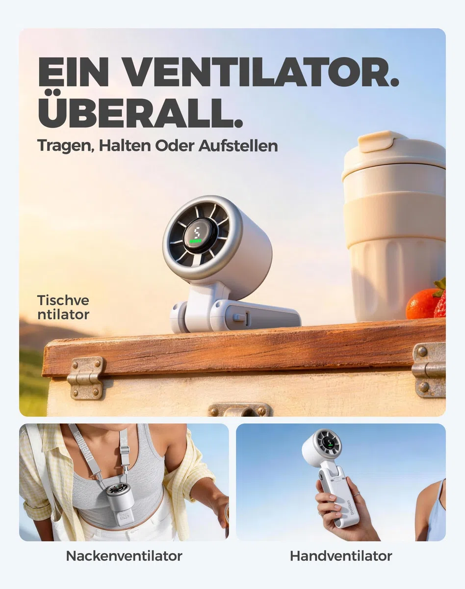 Diveblues Tragbarer Turbo Handventilator, 9m/s Hohe Geschwindigkeit, 5-stufiger Wind, wiederaufladbarer Akku, 3-in-1 Hand-, Hals- & Tischventilator, bis zu 12 Stunden, für Reisen, Büro & Outdoor