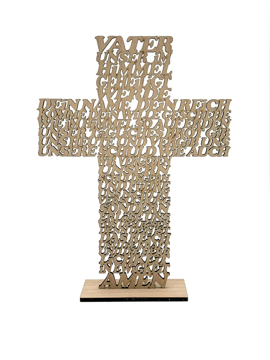 DesignByLayer Vater Unser Kreuz aus Holz mit Standfuß als Geschenk für Taufe, Hochzeit, Geburtstag, Weihnachten (Buche (dunkler), 19x14cm)