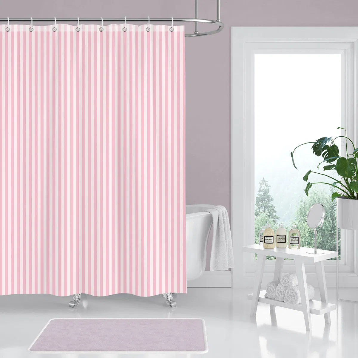 Duschvorhang 180x200 cm Rosa Weiß Gestreift, Moderner Textil Stoff Badevorhang mit Streifenmuster, Anti-Schimmel & Wasserabweisend, inkl. 12 Ringe, Maschinenwaschbar, 1-Teil