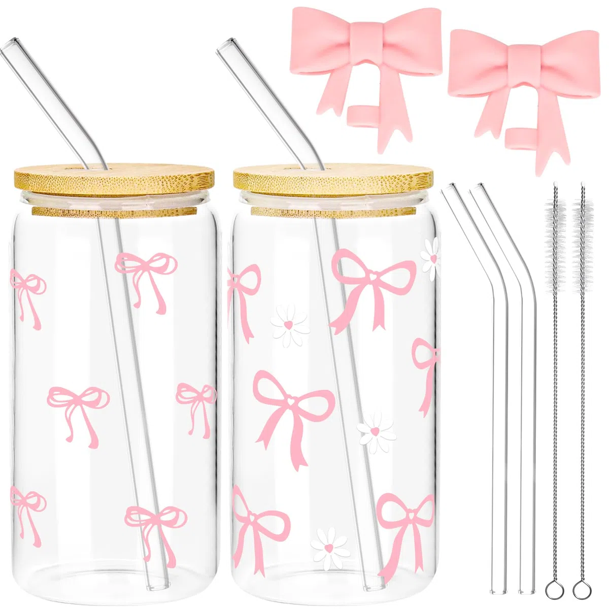 2 Stück 16oz Trinkbecher mit Deckel und Strohhalm, Rosa Trinkgläser Set Aus Glas mit Schleife, Bogen Design Glasbecher Wiederverwendbar für Bubble Tea, Smoothie, Matcha, Milchshake