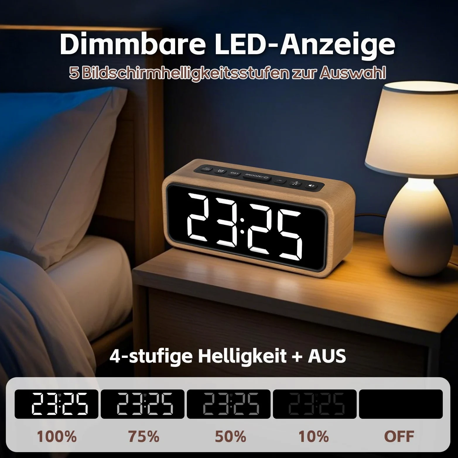 Wecker Laut für Tiefschläfer, Digitalwecker Holz mit LED Anzeige, 12 Alarm-Klingeltöne, 5 Helligkeit Einstellbar, 5 Lautstärken, Manuelles DST, Braun Wecker Retro für Schlafzimmer (Buche-Weiß)
