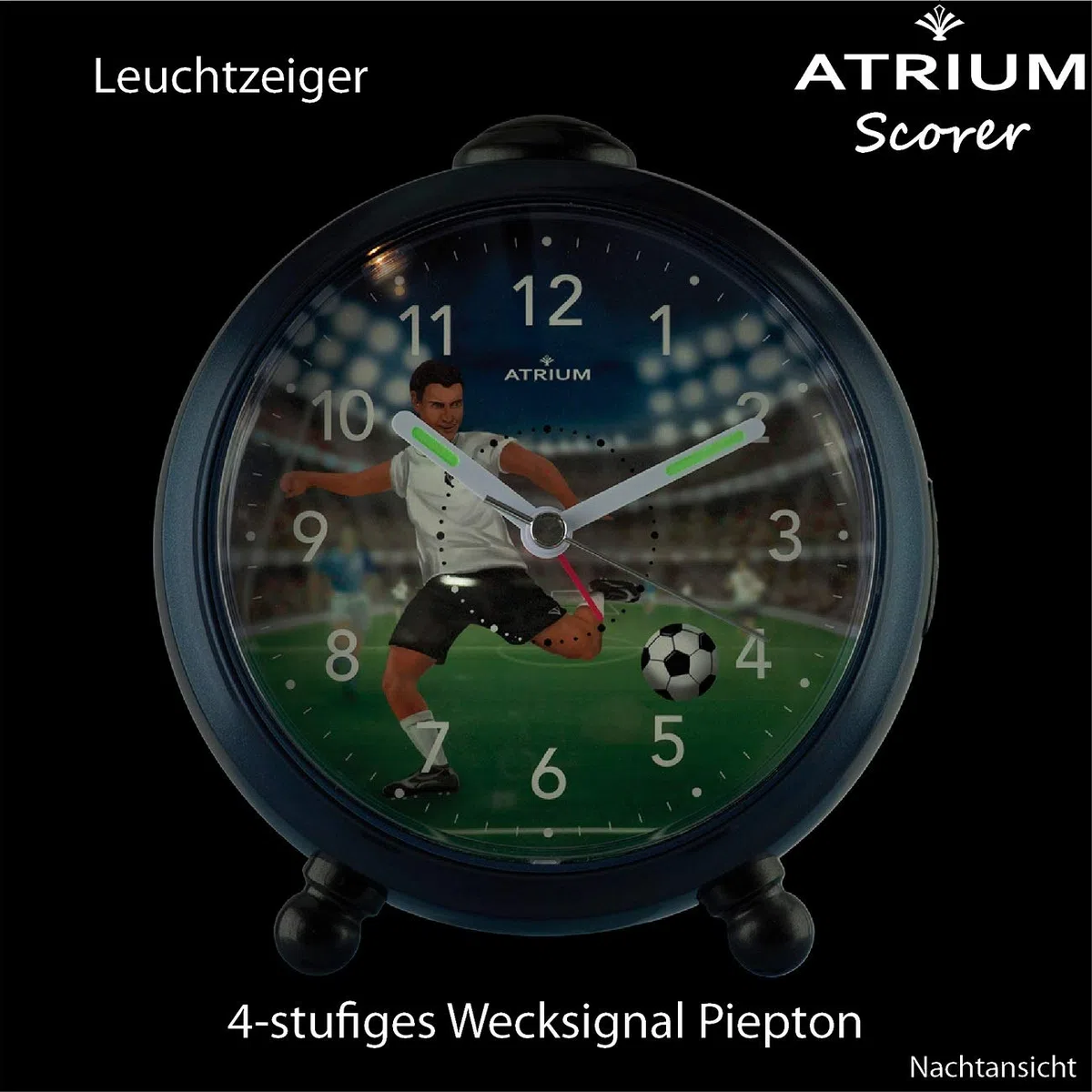 ATRIUM Kinderwecker Jungen Scorer Fußballer Stadion Dunkelblau Grün Schwarz Analog Quarz ohne Ticken mit Licht und Snooze A932-5
