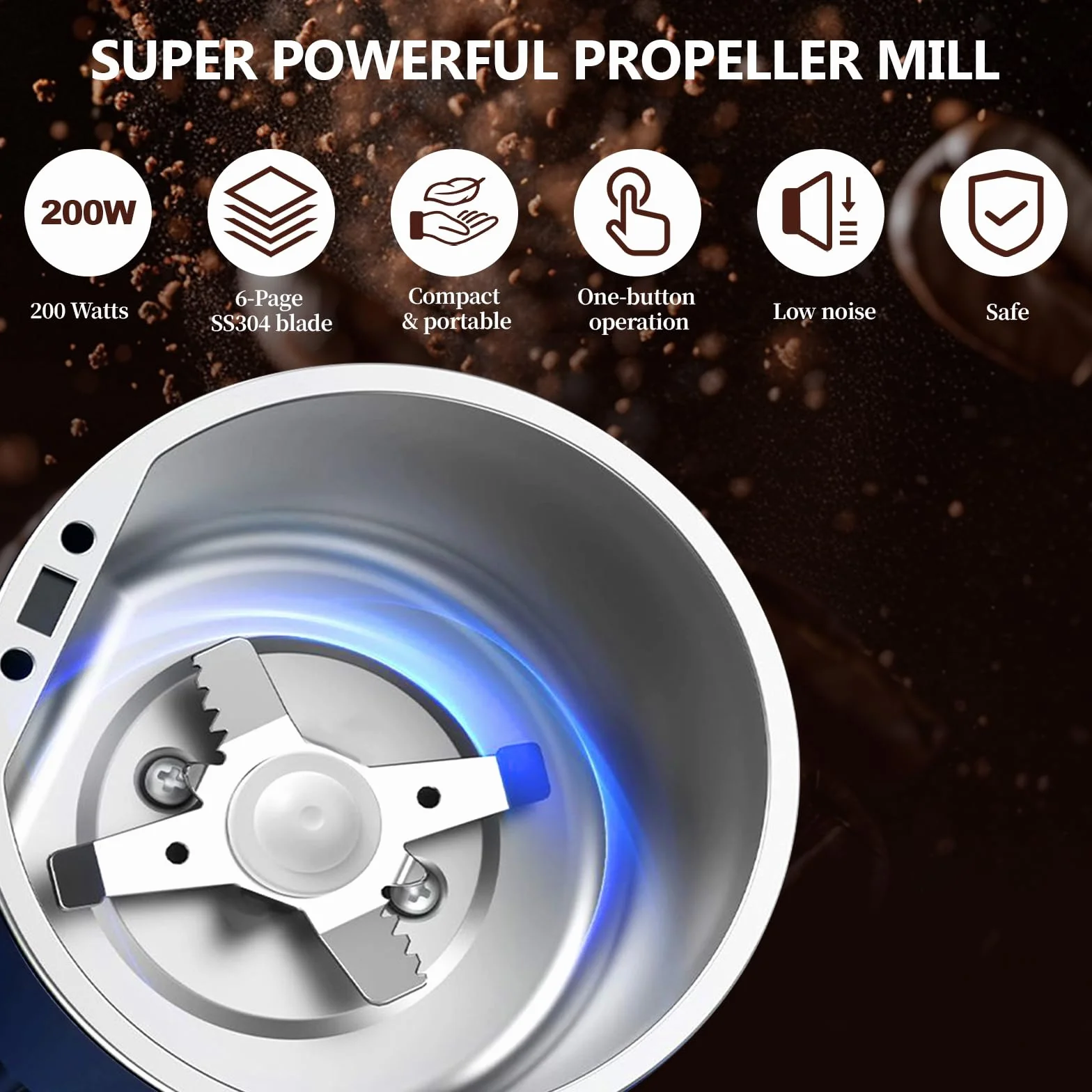 Kaffeemühle Elektrisch, Elektrisch Gewürzmühle und Kaffee Mühle mit Edelstahl Klinge und Sicherheitsdeckel Einem Knopf Kaffeemühlen 200W Leistungsstarker Mühle für Gewürze, Getreide, Nüsse