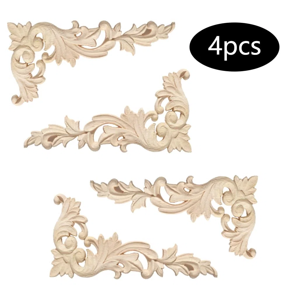 Holzornamente für Möbel - 4 Stück Geschnitzt Corner Ornament Holzschnitzerei Applikation Möbel Appliques Ecke Onlay, 20 x 10 cm