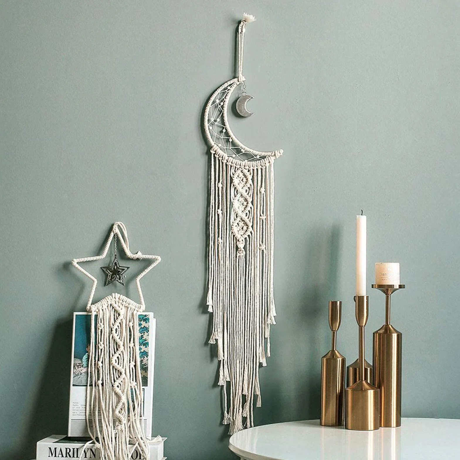 Tarklanda 2 Stück Makramee Traumfänger Makramee Wandbehang Mond Stern Traumfänger Mädchen Dreamcatcher Handgemachte Boho Traumfänger Schlafzimmer Dekoration für Home Decor Kinder Geschenke